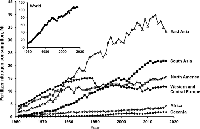 Chart showing nitrogen fertilizer consumption worldwide from 1960 to 2020